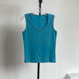Vintage Turquoise sleeveless top with pink cherry embroidery size s